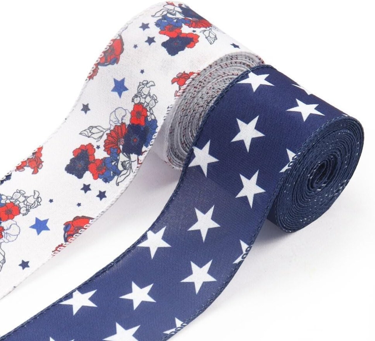 2 Rolls Patriotic Wired Edge Ribbon Set – 2.5" x 10 Yards Total, 4th of July Stars & Floral Burlap Ribbon for Gift Wrapping, Wreaths & DIY Decorations